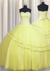 Visible Boning Really Puffy Sweetheart Sleeveless Lace Up Quinceanera Dress Light Yellow Tulle