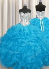 Aqua Blue Sweetheart Neckline Beading and Ruffles 15th Birthday Dress Long Sleeves Lace Up