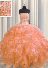 Custom Fit Visible Boning Orange Strapless Neckline Beading and Ruffles 15th Birthday Dress Sleeveless Lace Up