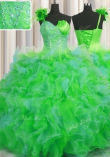 One Shoulder Handcrafted Flower Multi-color Sleeveless Beading and Ruffles and Hand Made Flower Floor Length Sweet 16 Quinceanera Dress