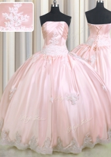 Romantic Baby Pink Ball Gowns Taffeta Strapless Sleeveless Beading and Appliques Floor Length Lace Up Vestidos de Quinceanera