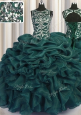 Scoop See Through Teal Sleeveless Beading and Sequins and Pick Ups Floor Length Sweet 16 Dress