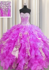 Visible Boning Lilac Ball Gowns Sweetheart Sleeveless Organza and Sequined Floor Length Lace Up Beading and Ruffles and Sequins Quinceanera Dress