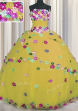 Colorful Gold Tulle Lace Up Quinceanera Dress Sleeveless Floor Length Hand Made Flower