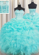 Glamorous Visible Boning Sleeveless Beading and Ruffles and Pick Ups Lace Up Quinceanera Gowns