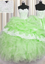 Hot Selling Green Sweetheart Lace Up Beading and Ruffles and Pick Ups 15 Quinceanera Dress Sleeveless