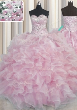 Most Popular Bling-bling Pink Organza Lace Up Sweetheart Sleeveless Floor Length Quince Ball Gowns Beading and Ruffles