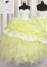 Nice Light Yellow Quince Ball Gowns Military Ball and Sweet 16 and Quinceanera and For with Beading and Appliques and Ruffles and Pick Ups Sweetheart Sleeveless Lace Up