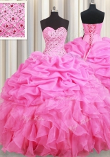 Popular Rose Pink Quinceanera Gown Military Ball and Sweet 16 and Quinceanera and For with Beading and Ruffles and Pick Ups Sweetheart Sleeveless Lace Up