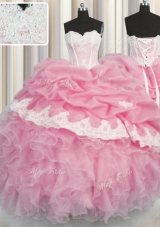 Rose Pink Ball Gown Prom Dress Military Ball and Sweet 16 and Quinceanera and For with Beading and Appliques and Ruffles and Pick Ups Sweetheart Sleeveless Lace Up