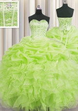Traditional Pick Ups Visible Boning Ball Gowns Quince Ball Gowns Yellow Green Sweetheart Organza Sleeveless Floor Length Lace Up