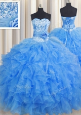 Vintage Handcrafted Flower Baby Blue Sweetheart Neckline Beading and Ruffles and Hand Made Flower Quinceanera Gown Sleeveless Lace Up