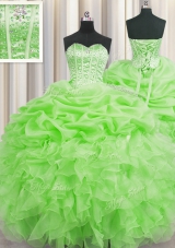 Visible Boning Sleeveless Floor Length Beading and Ruffles and Pick Ups Lace Up Quince Ball Gowns with