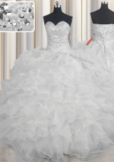 White Ball Gowns Organza Sweetheart Sleeveless Beading and Ruffles Floor Length Lace Up Quinceanera Gown