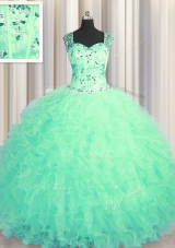 Cheap See Through Zipper Up Turquoise Sleeveless Beading and Ruffles Floor Length Ball Gown Prom Dress