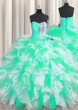 Colorful Apple Green Sweetheart Neckline Beading and Ruffles Ball Gown Prom Dress Sleeveless Lace Up