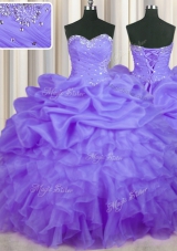 Dazzling Lavender Ball Gowns Sweetheart Sleeveless Organza Floor Length Lace Up Beading and Ruffles and Pick Ups Quinceanera Gown