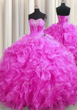 Eye-catching Organza Sweetheart Sleeveless Sweep Train Lace Up Beading and Ruffles 15 Quinceanera Dress in Fuchsia