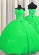 Glorious Handcrafted Flower Sleeveless Floor Length Beading and Sequins and Hand Made Flower Lace Up 15 Quinceanera Dress with Green