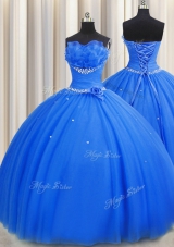 Handcrafted Flower Strapless Sleeveless Tulle Quinceanera Dresses Beading and Sequins and Hand Made Flower Lace Up