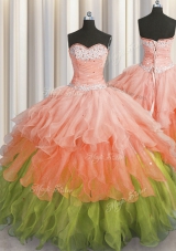 Multi-color Lace Up Sweetheart Beading and Ruffles and Ruffled Layers and Sequins Quinceanera Gown Organza Sleeveless