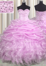 Pick Ups Brush Train Ball Gowns Vestidos de Quinceanera Lilac Sweetheart Organza Sleeveless Floor Length Lace Up