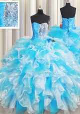 Sequins Floor Length Blue And White Quinceanera Dresses Sweetheart Sleeveless Lace Up