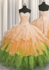 Sweetheart Sleeveless Organza 15th Birthday Dress Beading and Ruffles and Ruffled Layers and Sequins Lace Up