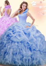 Adorable Blue Organza Backless High-neck Sleeveless Quince Ball Gowns Brush Train Beading and Ruffles and Pick Ups