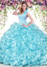 Aqua Blue Ball Gowns Beading and Ruffles Sweet 16 Dress Backless Organza Sleeveless Floor Length