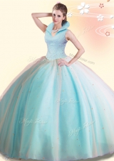 Aqua Blue Sleeveless Floor Length Beading Backless Quince Ball Gowns