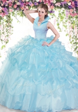 Baby Blue Ball Gowns Organza High-neck Sleeveless Beading and Ruffled Layers Floor Length Backless Quinceanera Dress