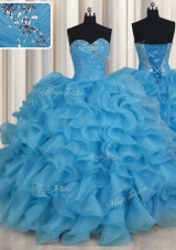 Baby Blue Ball Gowns Sweetheart Sleeveless Organza Floor Length Lace Up Beading and Ruffles Quinceanera Dress