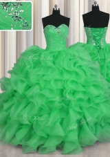 Comfortable Sleeveless Floor Length Beading and Ruffles Lace Up Sweet 16 Dresses with Green