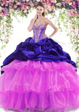 Customized Multi-color Ball Gowns Sweetheart Sleeveless Organza and Taffeta With Brush Train Lace Up Beading and Ruffled Layers and Pick Ups Quinceanera Gown