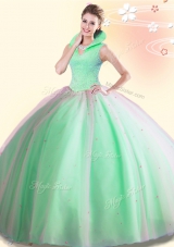 Deluxe Tulle Backless High-neck Sleeveless Floor Length 15 Quinceanera Dress Beading