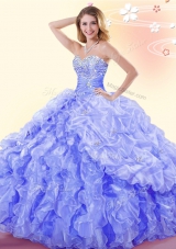 Fashion Sleeveless Floor Length Beading and Ruffles and Pick Ups Lace Up Sweet 16 Quinceanera Dress with Blue