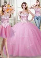 Fine Three Piece Tulle Sweetheart Sleeveless Lace Up Beading Sweet 16 Dress in Rose Pink
