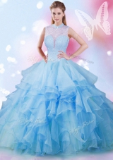 High-neck Sleeveless Sweet 16 Quinceanera Dress Floor Length Beading and Ruffles Baby Blue Tulle