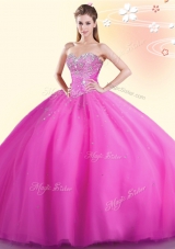Hot Pink Quinceanera Gown Military Ball and Sweet 16 and Quinceanera and For with Beading Sweetheart Sleeveless Lace Up