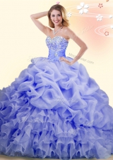 Lavender Quince Ball Gowns Military Ball and Sweet 16 and Quinceanera and For with Beading and Ruffles and Pick Ups Sweetheart Sleeveless Brush Train Lace Up