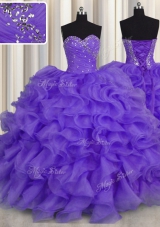 New Arrival Lavender Ball Gowns Beading and Ruffles Quinceanera Dress Lace Up Organza Sleeveless Floor Length