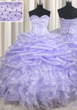 Pretty Lavender Sleeveless Floor Length Beading and Ruffles and Pick Ups Lace Up Quinceanera Dresses