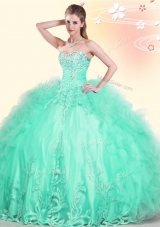 Shining Sleeveless Floor Length Beading and Appliques and Ruffles Lace Up Quince Ball Gowns with Apple Green