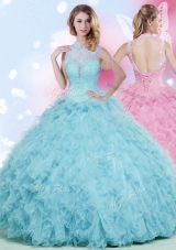 Sleeveless Tulle Floor Length Lace Up Quinceanera Dress in Baby Blue for with Beading and Ruffles