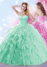 Apple Green Sweetheart Lace Up Beading and Ruffles Sweet 16 Dress Brush Train Sleeveless