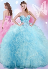 Baby Blue Lace Up Quinceanera Dress Beading and Ruffles Sleeveless Floor Length