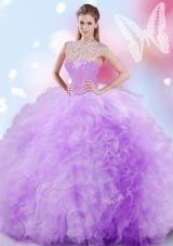 Custom Design High-neck Sleeveless Ball Gown Prom Dress Floor Length Beading and Ruffles and Sequins Lavender Tulle