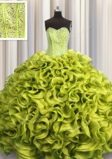 Customized Visible Boning Olive Green Ball Gowns Beading and Ruffles Vestidos de Quinceanera Lace Up Organza Sleeveless Floor Length
