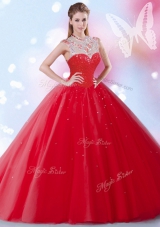 Fantastic Sleeveless Tulle Floor Length Zipper Sweet 16 Dresses in Red for with Beading and Sequins